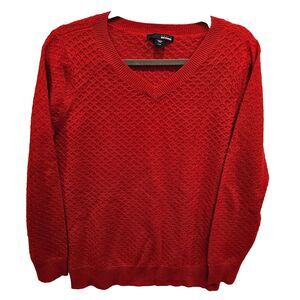 Women's Red Sweater Sz L Basketweave Knit Sparkle Crewneck Pullover Long Sleeve